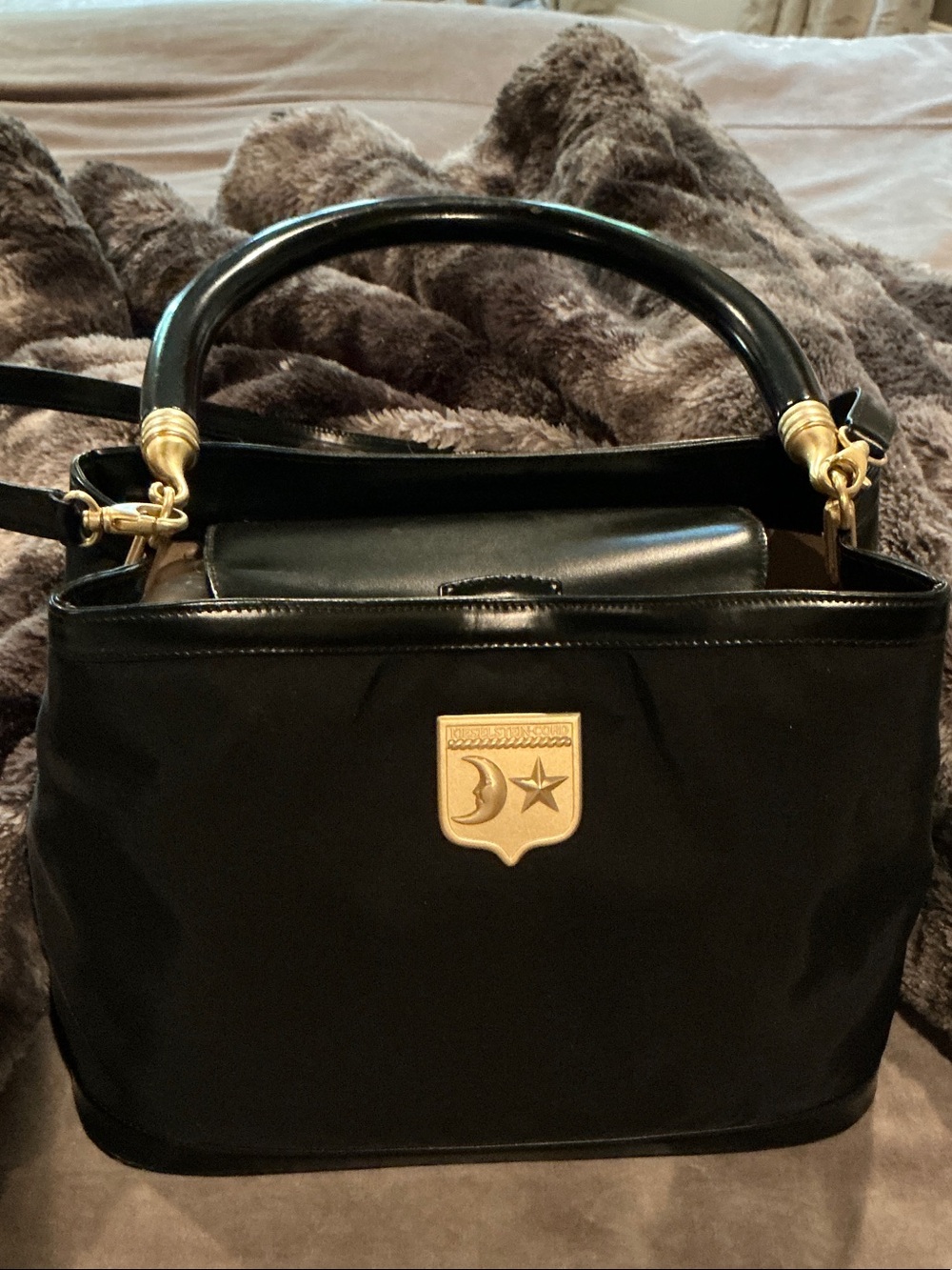 Structured Black Satchel with Gold Accent Hardware